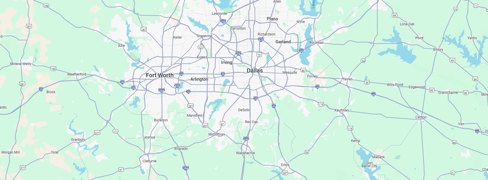 Map of the Dallas-Fort Worth area showing Weatherford, Granbury, Cleburne and surrounding towns